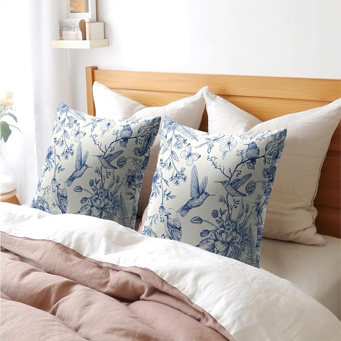 Kawani Chinoiserie Blue Floral Pillow Covers 20x20 Inch, Set of 2 Vintage Flowers Hummingbirds Cotton Linen Square Pillowcase Cushion Cover for Couch Sofa Garden Patio Bedroom Livingroom