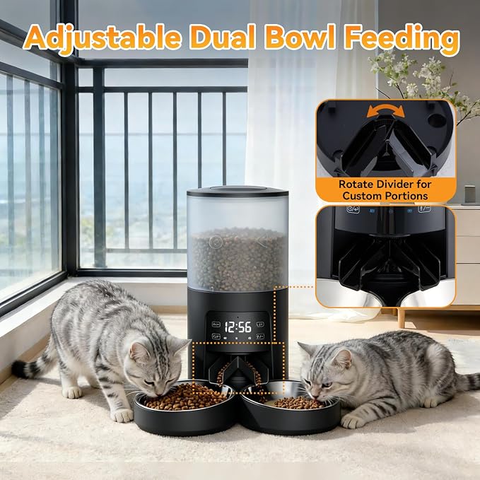 NEWBULIG Automatic Cat Feeder for 2 Cats, 6L Timed Pet Feeders, Black | Dual Bowls, 25.3 Cups, 10s Voice Recorder, Dog Food Dispenser for Dry Food, 6 Meals/Day, 50 Portions/Meal, Dual Power Supply