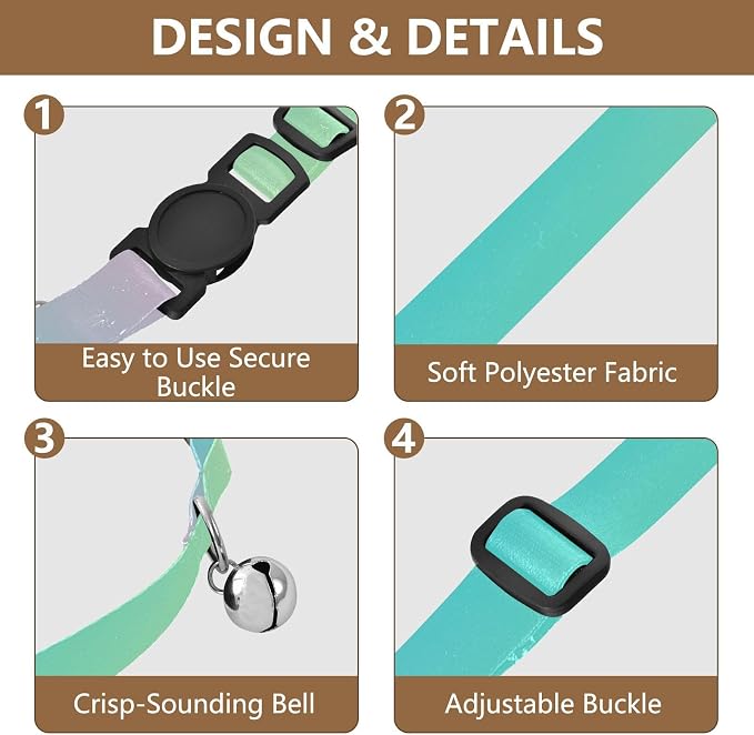 Soft Prismatic Rainbow Gradient Cat Bell Collar 2 Pack Kitten Collars Adjustable 10.6 to 17.1 Inches