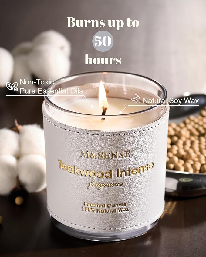 M&SENSE Teakwood Scented Soy Candles | Vegan Non Toxic, 10oz, 42-Hour Clean Burn, Relaxing Aromatherapy, Stress Relief