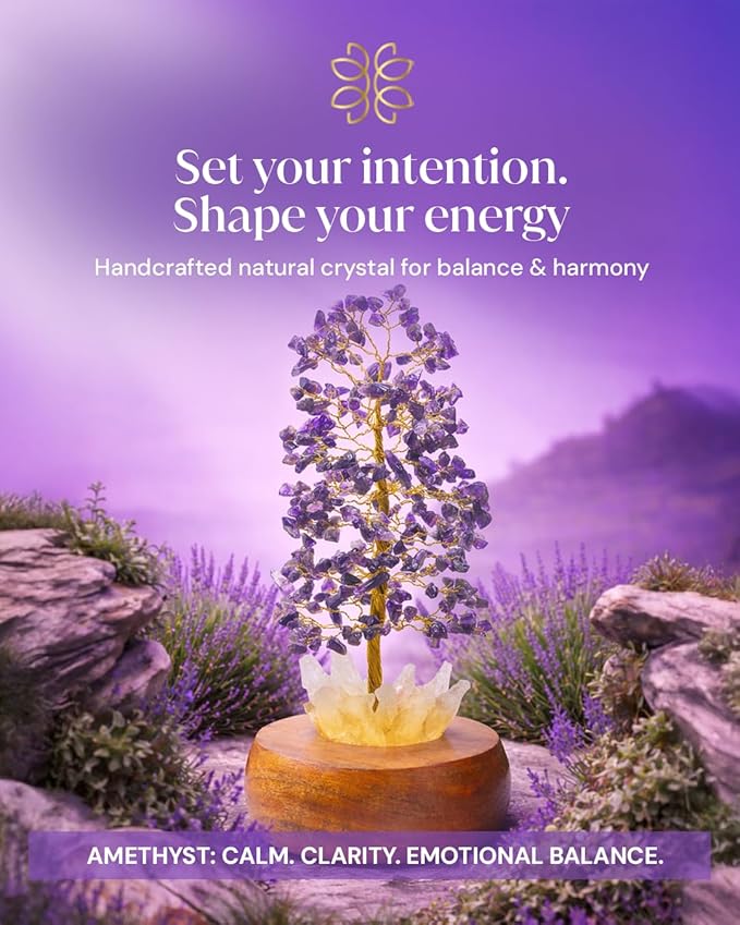 Amethyst Crystal Tree of Life with LED Light – Handcrafted Gemstone Bonsai on Quartz Base & Acacia Wood Stand – Spiritual Home & Office Décor, Feng Shui, Thoughtful Gift for Women