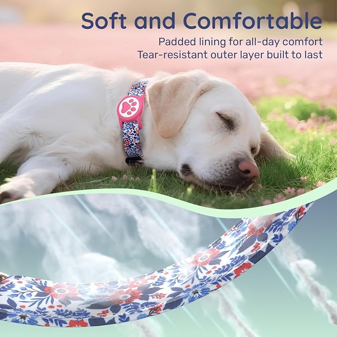 Airtag Dog Collar,with Waterproof airtag Holder，Original Stylish Cute Pattern Design.QR Code ID Buckle，Comfortable Soft Cotton for Small Medium Large Dogs