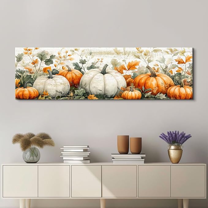 Pumpkin Canvas Wall Art Fall Picture Botanical Wall Decor for Kitchen Living Room, Rustic Flowers Scenic Prints Painting Holiday Decorations Watercolor Autumn Flowers Painting Poster Artwork 14x48”