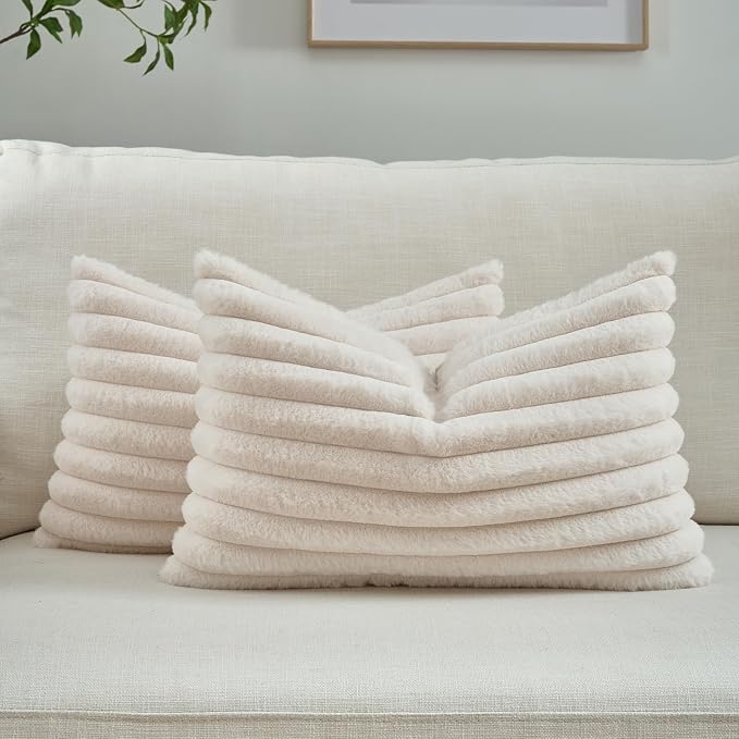 FUTEI Pack of 2 Faux Fur Throw Pillow Covers 12x20 Inch, Light Beige | Fluffy Faux Rabbit Fur Front/Premium Velvet Back,Hidden Zipper,Machine Washable,Non-Shedding,Colorfast,Insert Not Included.