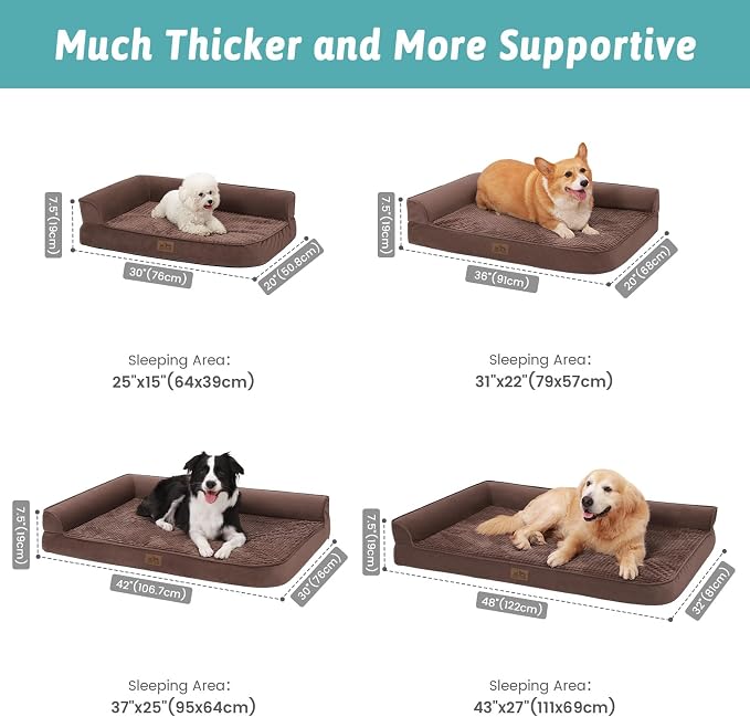 COZY KISS Orthopedic Dog Bed for Medium Small Size Dogs, L Shaped 30x20 in | Non-Slip Bottom Soft Pet Sofa with Washable Removable Waterproof Cover, Egg-Crate Foam Couch with Portable Handle, Brown