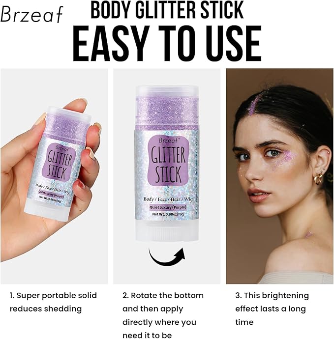 Brzeaf Waterproof Purple Glitter Stick, Shimmery&Long Lasting, Christmas Chunky Glitter for Face/Body/Hair/Eyes, Singer Concert Music Rave Festival, Glitter Stick Makeup for Women Men