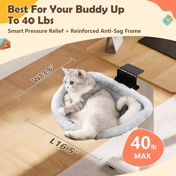 Extra-Sturdy Cat Desk Bed with Heavy-Duty Clamp | Sunken Hammock Design & Soft Faux Fur, Removable & Washable Cover, Holds Up to 40lbs, Space Saving Cat Perch