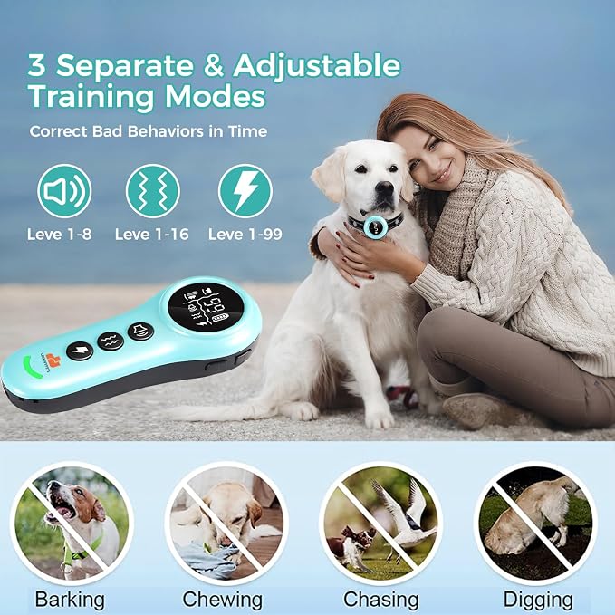 550 Yard Auto Anti-bark Remote Dog Training Shock Collar, Sky Blue/Torquoise