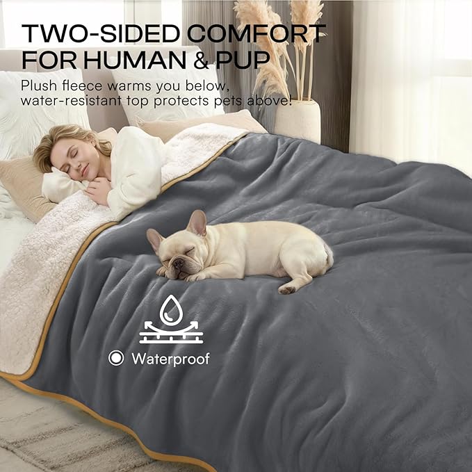Luciphia Waterproof Blanket for Large Dog, Reversible Sherpa Couch Cover | waterproof pet blanket sherpa fleece reversible couch cover bed protector car from spills scratches, Grey+Beige 40" x 28"