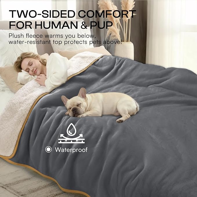 Luciphia Waterproof Blanket for Large Dog, Reversible Sherpa Couch Cover | waterproof pet blanket sherpa fleece reversible couch cover bed protector car from spills scratches, Grey+Beige 57" x 40"