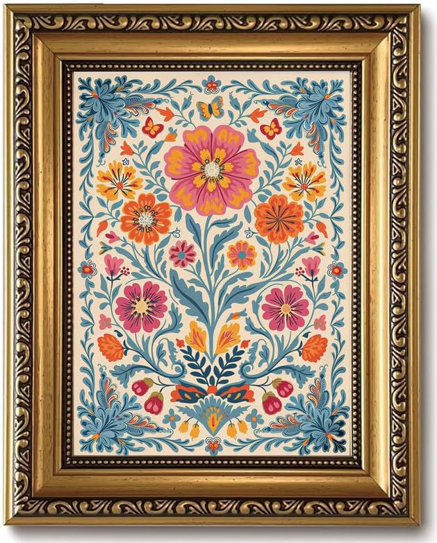 Mexican Folk Gold Framed Wall Art Vintage Floral Butterfly Wall Decor Art | Colorful Botanical Pictures Canvas Art Maximalist Small Framed Prints Artwork Vanity Bedside Tables Bookshelf Gallery Wall