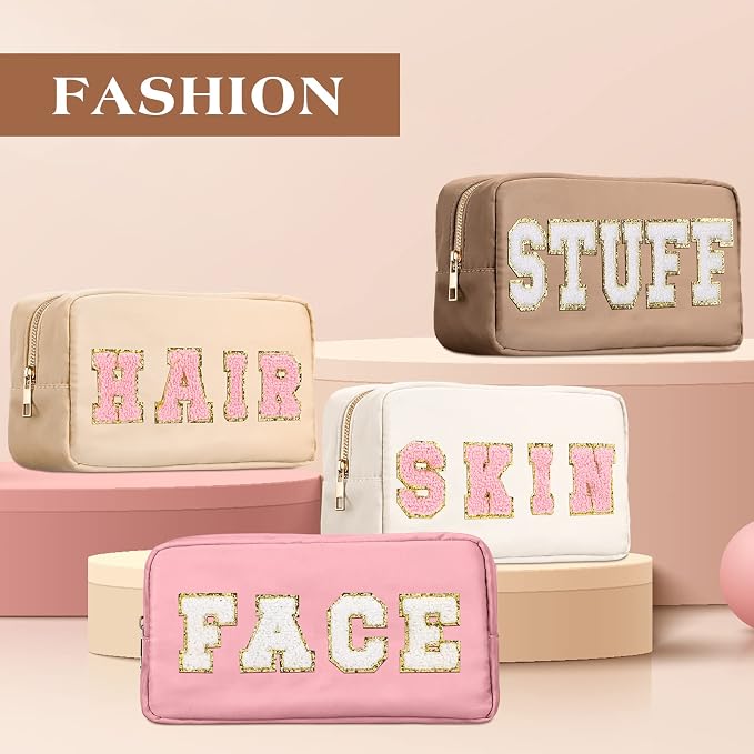 Preppy Makeup Bags Chenille Letter Stuff Bag Nylon Cosmetic Pouch Cases with Zipper for Women Travel Toiletry(Multi Colors,Classic,4 Pcs)