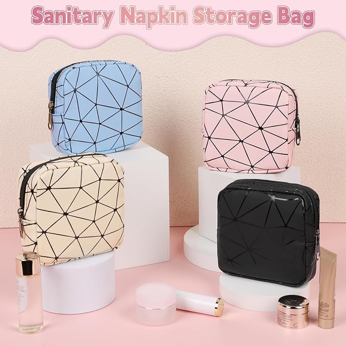 Discreet Period Bag Waterproof Geometric PU Sanitary Napkin Storage Bag Portable Menstrual Pad Pouch Cute Tampon Bag for Purse Small Makeup Bag S-Black