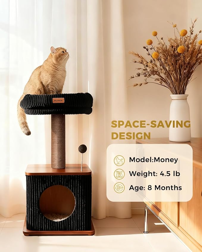 Small Cat Tree for Indoor Kittens, 30" Compact Modern Cat Tower | Natural Bamboo Cozy Condo, Soft Padded Perch, Sisal Scratching Post, Dangling Ball Toy, Stable Base, for Cats up to 15 lbs