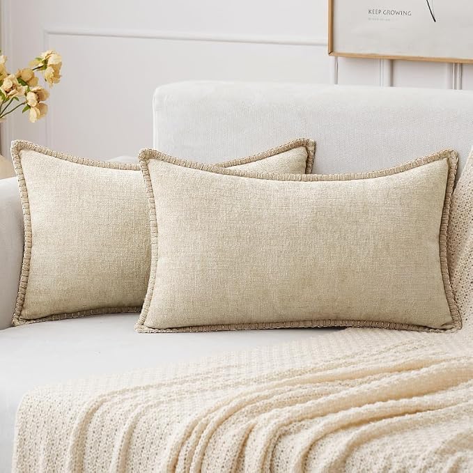 MIULEE Decorative Lumbar Throw Pillow Covers 12x20 Inch Beige 2 Pack | Neutral Farmhouse Pillow Covers with Stitched Edge, Soft Chenille Cushion Cases, for Couch Sofa Bed Living Room Home Decor