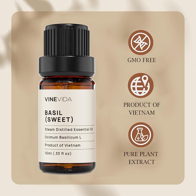 VINEVIDA Sweet Basil Essential Oil 10 mL - Undiluted Candle Oil Scent for DIY Candlemaking and Soap Making