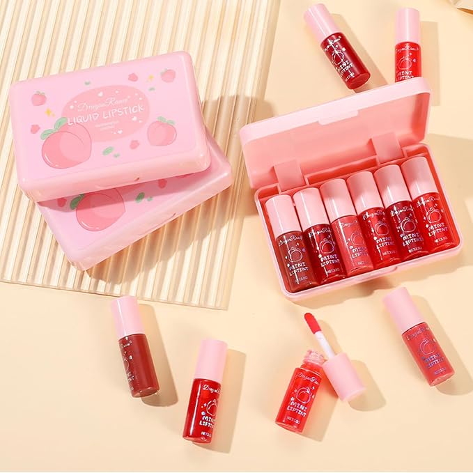 Eakroo 6 Colors Peach Lip Stain Set, Korean Lip Gloss Mini Liquid Lip Tint, Lipstick for Women, Liquid Blush, Lip Plumper, Lip Stain Long Lasting Waterproof, High Pigment, Vivid Color, Cute Stuff