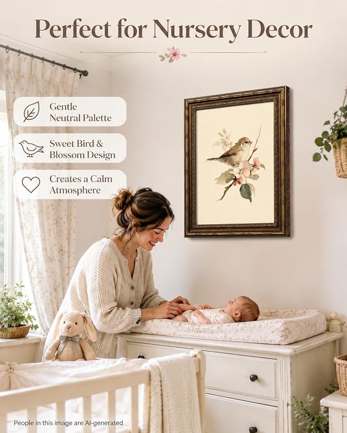 Gold Framed Bird Wall Art, Vintage Sparrow and Blossoms Canvas, 12x16in | Beige sparrow artwork with neutral vintage style for bedroom, nursery, kitchen, classroom, hallway, or living room.
