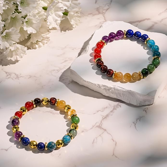 Bivei Natural Gemstone Semi Precious Healing Crystals Handmade Stretchy Round Beads Bracelet,Stocking Stuffers for Women Enhance Positive Energy