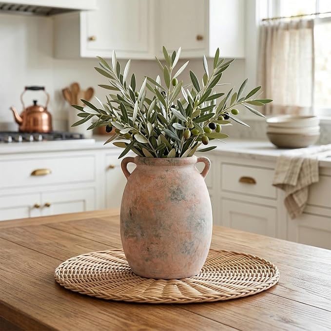 Rustic Ceramic Vase for Flowers 7.7", Terracotta Pottery Vase with Handles & Distressed Finish, Large Vintage Decorative Stone Clay Vases for Farmhouse Decor, Table Centerpiece, Fireplace Mantle