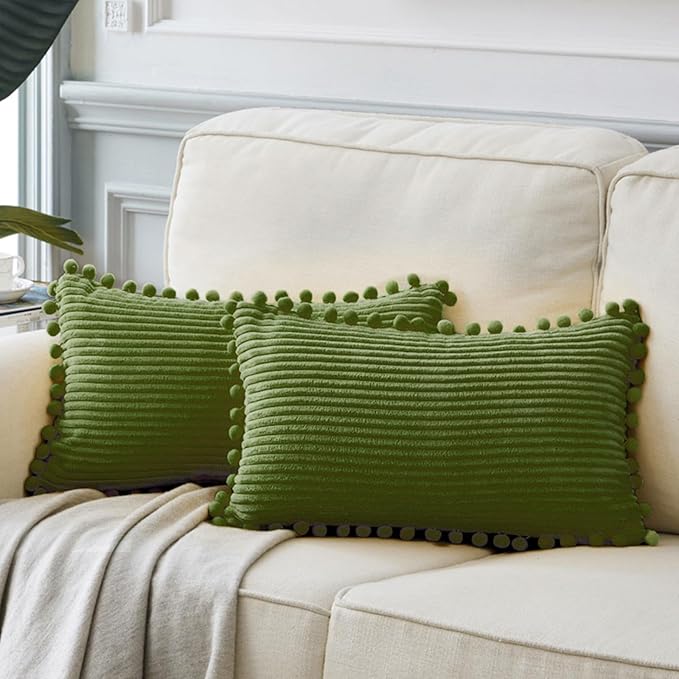 Fancy Homi Pack of 2 Moss Green Lumbar Decorative Throw Pillow Covers with Pom-poms, Soft Corduroy Solid Rectangle Cushion Cases Set for Couch Sofa Bedroom Car Living Room (12x20 Inch/30x50 cm)