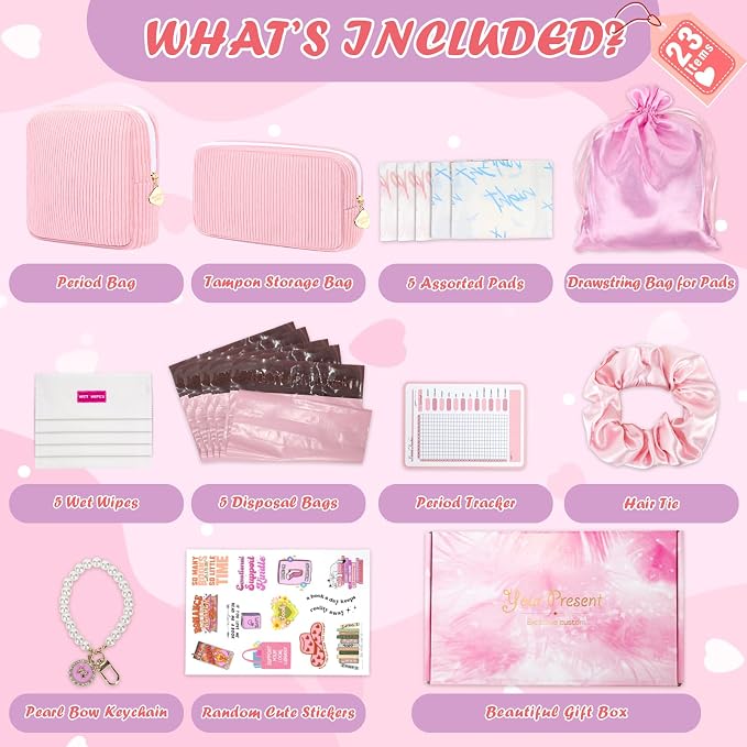 22 PCS First Period Starter Kit Gift for Teen Girls Period Bags for Teen Tweens Girls with Corduroy Sanitary Pad Storage Bag, Wipes, Menstrual Tracker, Disposal Pouches and More (Pink)