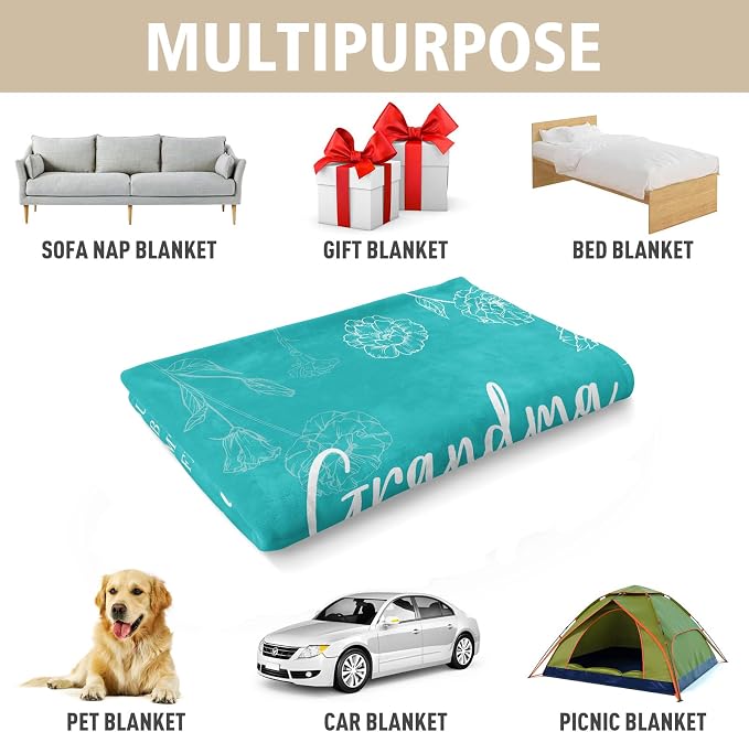 GiltGlimmer Grandma Gifts, Grandma Floral Blanket 50" x 60", Teal | Birthday Gifts for Grandma from Grandkids, to My Grandmother Soft Flannel Throw Blanket for Christmas Mothers Day