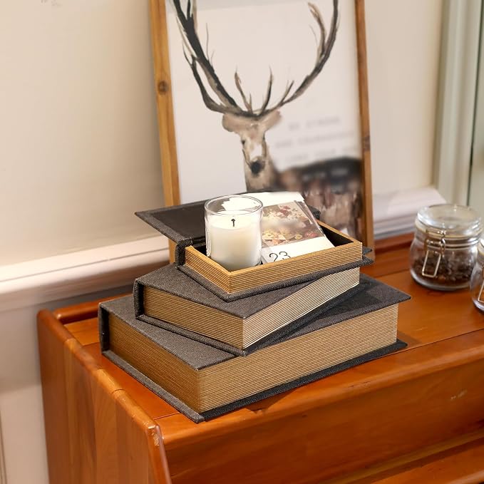 Decorative Book Boxes Set of 3,Modern Faux Linen Hidden Storage, Black | Linen & Wood Hidden Storage,For Coffee Table – Stackable Fake Books for Shelf Decor, Remote Control & Jewelry Organizer