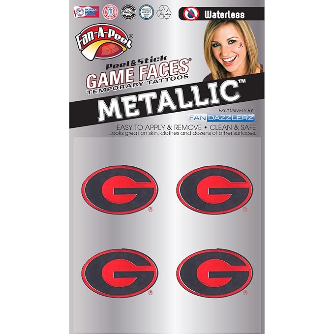 Fan-A-Peel Georgia Waterless Temporary Tattoos - Hypoallergenic Peel and Stick Waterproof Temporary Tattoos, Metallic - Officially Licensed