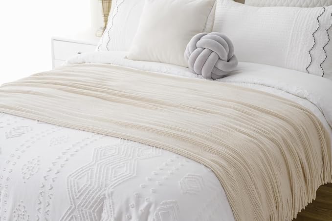 BATTILO HOME Beige Throw Blanket for Couch, Soft Chenille Knit Throws with Tassels for Home Decor, White Cream Throws for Bed Couch Cover, 60"x80"