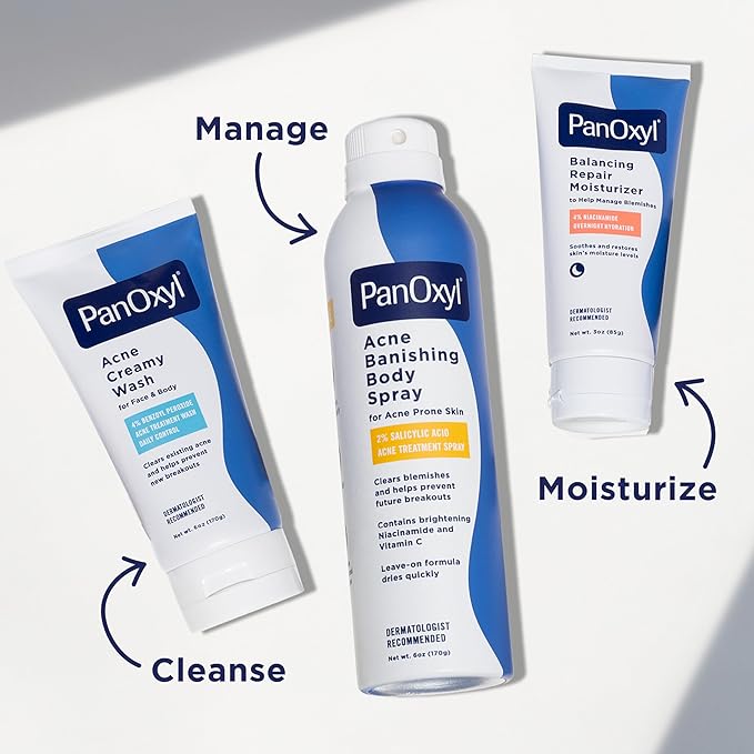 PanOxyl Acne Banishing Body Spray with 2% Salicylic Acid, Pimple Treatment Spray to Clear Stubborn Breakouts, 360-Degree Spray Nozzle, Skin-Brightening Niacinamide, Vitamin C, Witch Hazel, Aloe, 6 Oz