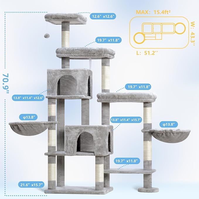 Hey-brother Cat Tree Tower with Stable Extended Base, 3 Platforms, MPJ038W | 70.9 Inches Multi-Level Sisal Scratching Posts, Wide Bed, 2 Cozy Condos, 2 Hammocks, Toy Balls for Indoor Cats, Light Gray