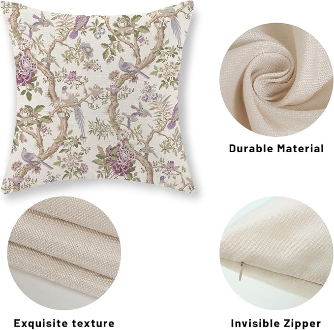 Chinoiserie Pillow Covers 18x18 Set of 2 Purple Green Floral Bird Throw Pillows Vintage Flowers Bird Decorative Pillow Cases Outdoor Chinoiserie Decor Farmhouse Cushion Case for Couch Sofa