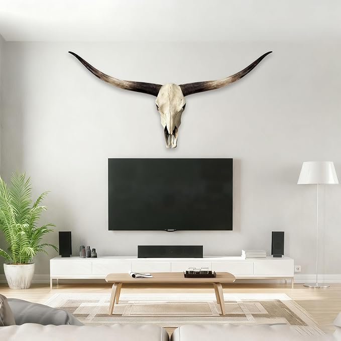 JUNTHORB 70in Longhorn Wall Decor, Extra Large Authentic Croissant，Cow Skull Wall Decor，cow horns, cow horn wall decoration, long horn skull，Handmade Farmhouse Decor
