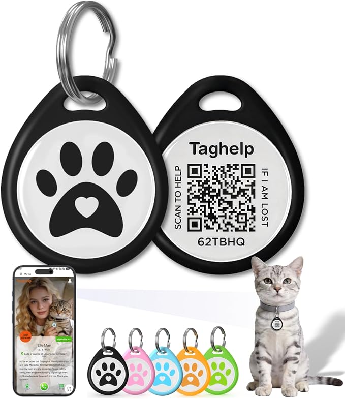 QR Code Cat ID Tag for Collar, Smart Pet ID with Free Online Profile, Instant Scan to Contact Owner, Silent Anti-Lost Cat Tag, No App or Subscription, Black 1”