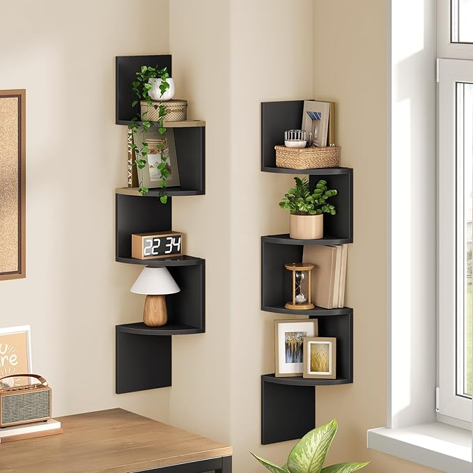 HOOBRO Corner Shelf Wall-Mounted, Set of 2 Floating Corner Shelves for Wall, 4-Tier Corner Bookshelves for Living Room, Bedroom, Bathroom, Home Office, Black BK25BJP201