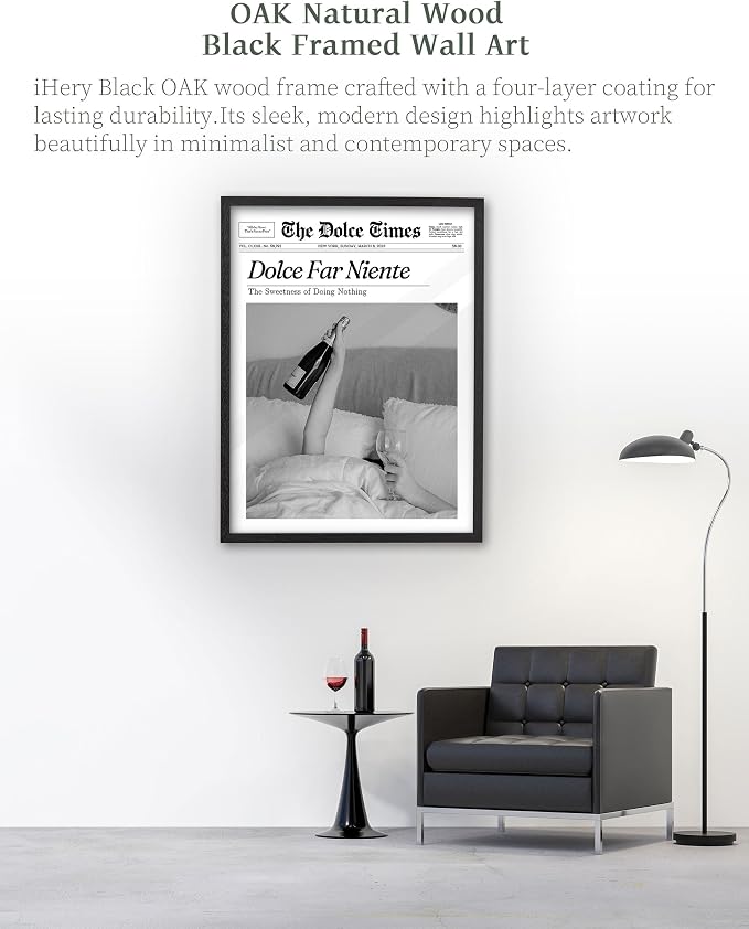 iHery 12x16in Dolce Far Niente Black Framed Newspaper Wall Art | Premium Black Natural OAK Wood Frame with Canvas Print, The Sweetness of Doing Nothing Decor for Bedroom, Living Room 1Pack