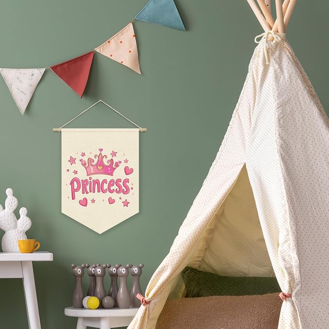 Princess Room Decor for Girls Bedroom, Pink Cute Princess Crown Linen Pennant Banner for Baby Girl Nursery Wall Hanging, Playroom Toddler Room Decorations 15x11 Inch
