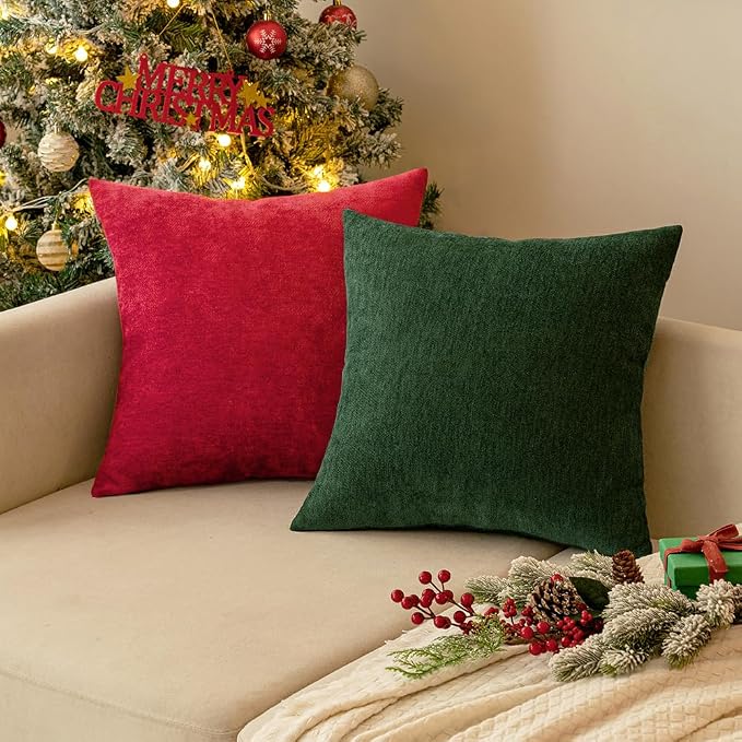 MIULEE Pack of 2 Red Decorative Pillow Covers 20x20 Inch | Soft Chenille Couch Throw Pillows Farmhouse Cushion Covers for Home Decor Sofa Bedroom Living Room