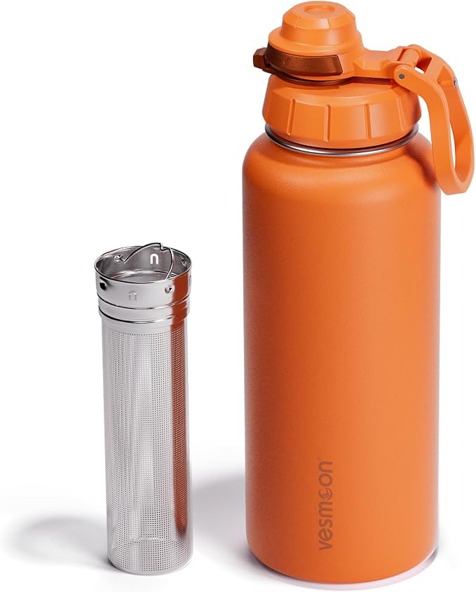 Vesmoon Vessence 32 Oz Stainless Steel Tea Infuser Bottle for Loose Leaf Tea, Water, Herbs, Fruits - Triple Layered Insulated, Leak Proof Bottle with Lid and Clip Handle - 24 Hours Hot/Cold
