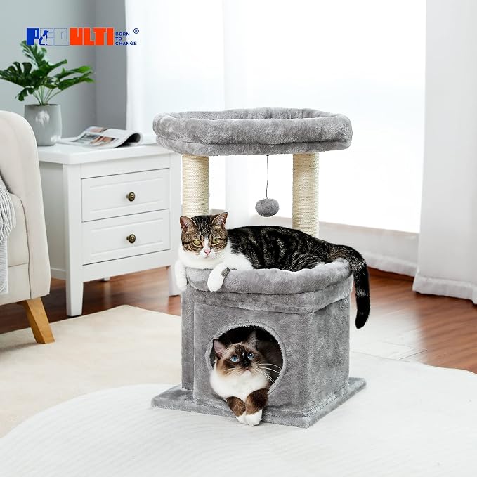 PEQULTI Indoor Cat Tree Tower Small Cats, Sisal Post & Cozy Condo, Grey | Private soft cat condo, soft top perch, natural sisal scratch posts, plush pom-pom toy for indoor kitties