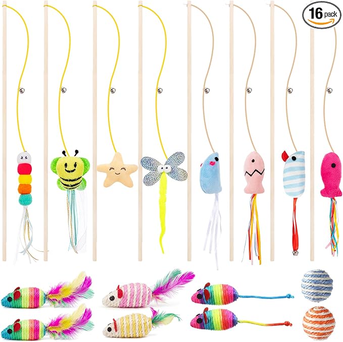 Leitee 16 Pcs Interactive Cat Toys for for Indoor Cats Set, Wooden Cat Wand Toywith Bells Feather Handle Chew Rope Mouse Sisal Balls Kitty Toys for Play Chase Exercise (Colorful)