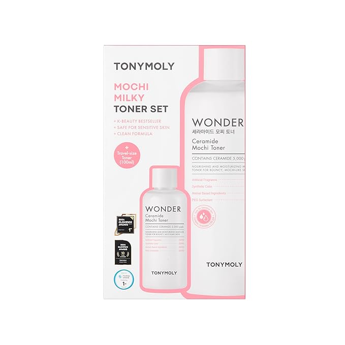 TONYMOLY Mochi Milky Toner Set – Hydrating Korean Toner with Ceramide, Cica, Panthenol & Hyaluronic Acid – Strengthens Skin Barrier, Soothes & Moisturizes – 500ml + 100ml Travel Size Duo