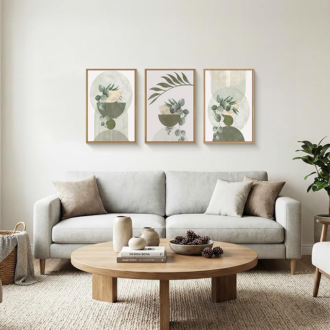 FWIEXA Sage Green Plant Canvas Wall Art Set 3, Abstract Geometric Line Botanical Framed Prints, Beige Minimalist Boho Leaf Paintings,16x24In Mid Century Modern Artwork for Living Room,Bedroom,Office