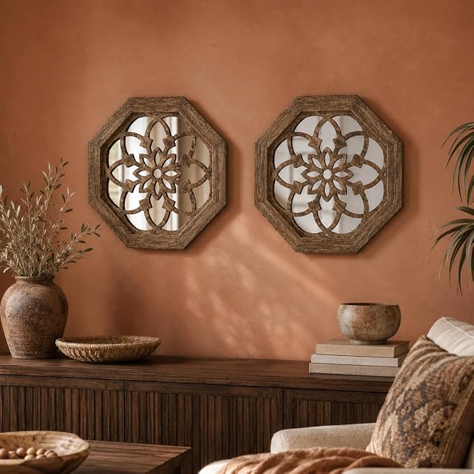2 Pack 12 Inch Octagon Maroon Rustic Wood Frame Acrylic Wall Mirrors, Farmhouse Boho Wall Art Decor for Living Room, Bedroom, Hallway, Entryway, Bathroom & Office