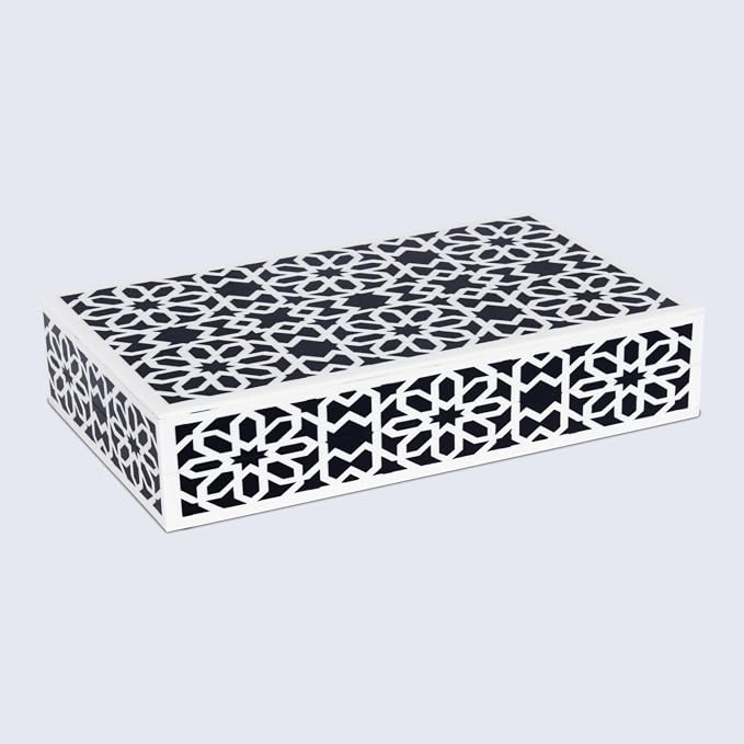 Handicrafts Home Decorative Storage Box with Lid, Black White Islamic Floral Geometry Remote Control Box, Slim Persian Mosaic Storage Box for Shelf, Desk & Living Room Decor, Shiraz 8 x 6 x 1.5