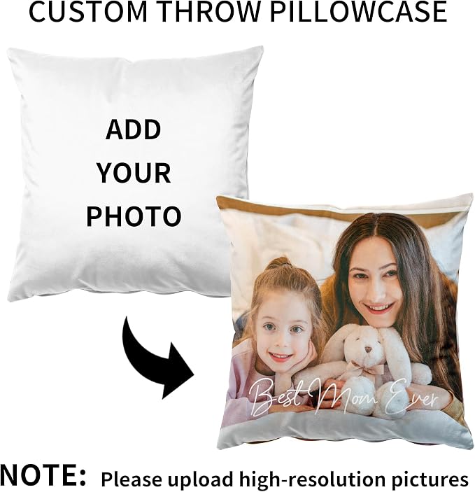 Easycosy Custom Velvet Pillow with Picture & Text, Two-Sides Customized Photo Pillowcase, 18"x18" Personalized Pillow Cover with Photo, Custom Gifts for Mom Mother's Day (Optional Pillow Insert)