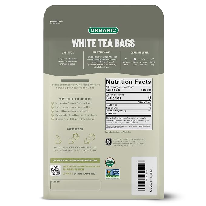 FGO Organic White Tea, 100 Count, Eco-Conscious Tea Bags, Resealable Bag, Packaging May Vary (Pack of 1)