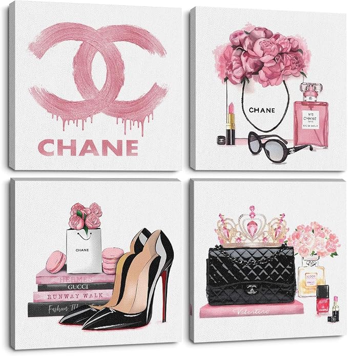 4 Pcs Fashion Canvas Wall Art Pink Room Decor Aesthetic Framed Posters Art | Pink Pictures Prints Artwork for Women Teen Girls Room Bedroom Living Room Apartment Vogue Living Room Decor 8 x 8 inches