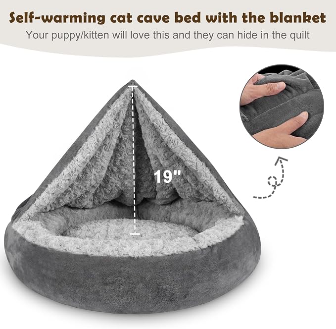 JOEJOY Small Dog Bed Cat Bed with Hooded Blanket, Cozy Cuddler Luxury Puppy Pet Bed, Donut Round Calming Anti-Anxiety Dog Burrow Cave Bed - Anti-Slip Bottom and Machine Washable 26 inch